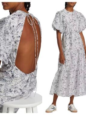 SIR Open-Back Puff-Sleeve Maxi Dress in White Floral